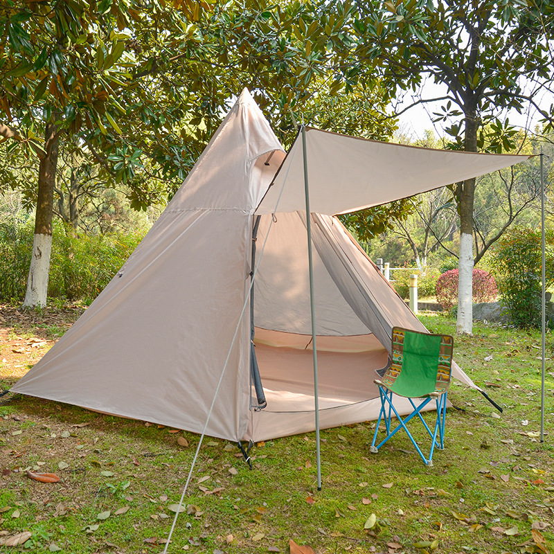 Cheap Goat Tents 3 Person Double Layer Outdoor Camping Tent Cotton Pyramid Tent Indian Canopy Spire With Front Hall 150D Oxford Cloth B3 Mesh   